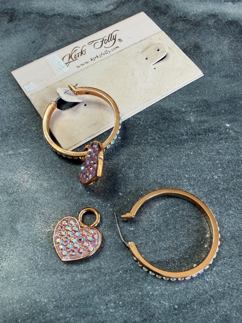 New Kirks Folly Gold Convertible Hoop Earrings Pink Iridescent Heart Charms